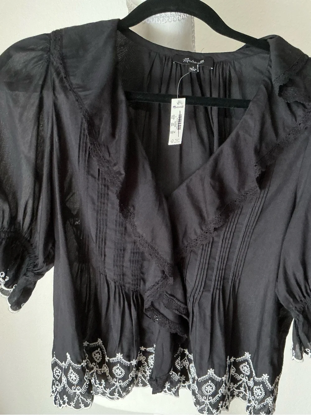 Madewell Black Ruffle V-Neck Blouse with Embroidered Hem NWT